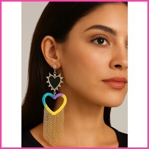 Noir Double Heart Gemstone Tassel Earrings